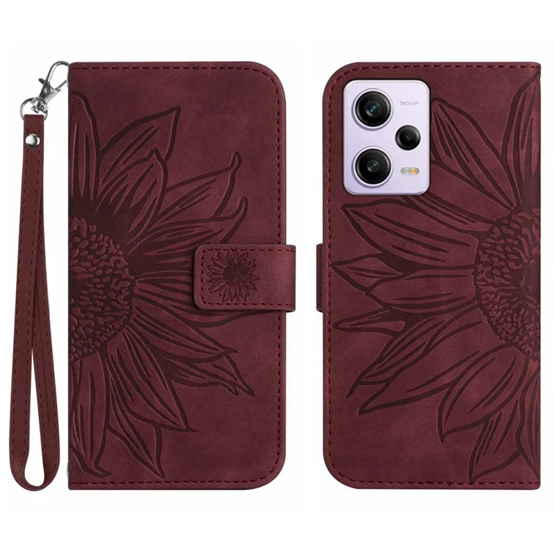 Per Xiaomi Redmi Note 12 Pro 5G / Note 12 Pro Speed 5G / Poco X5 Pro 5G HT04 Flip Case, Custodia con Stampa di Girasole, in Pelle PU con Touch Skin, Supporto Magnetico e Cinturino da Polso - Rosso Vino