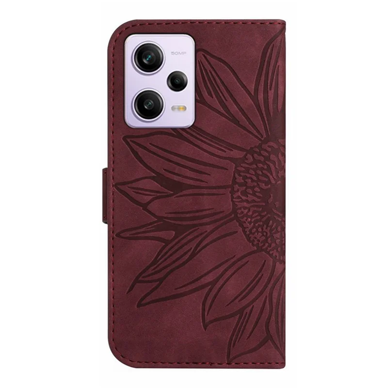 Per Xiaomi Redmi Note 12 Pro 5G / Note 12 Pro Speed 5G / Poco X5 Pro 5G HT04 Flip Case, Custodia con Stampa di Girasole, in Pelle PU con Touch Skin, Supporto Magnetico e Cinturino da Polso - Rosso Vino