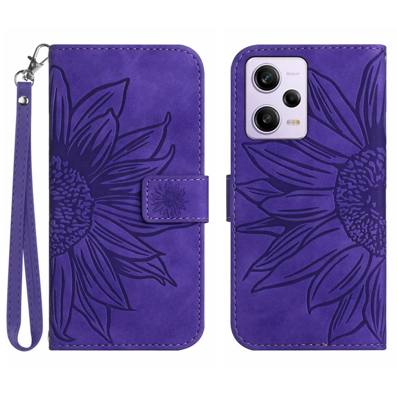 Para Xiaomi Redmi Note 12 Pro 5G / Nota 12 Pro Speed ​​5g / Estuche Poco X5 Pro 5G HT04 Flip, Billetera de Girasol Impresa Para la Piel Toque PU Cuero Cubierta de Teléfono Magnético Con Correa de Mano - Morado Oscuro