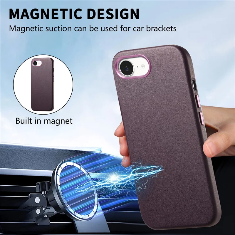 Beskyttelsesdæksel til iPhone 17e / 16e, læder+TPU, stødfast telefondæksel med metalknapper – lilla