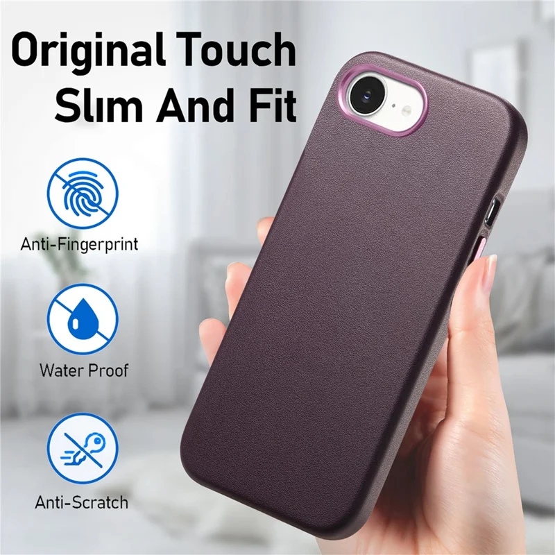 Beskyttelsesdæksel til iPhone 17e / 16e, læder+TPU, stødfast telefondæksel med metalknapper – lilla