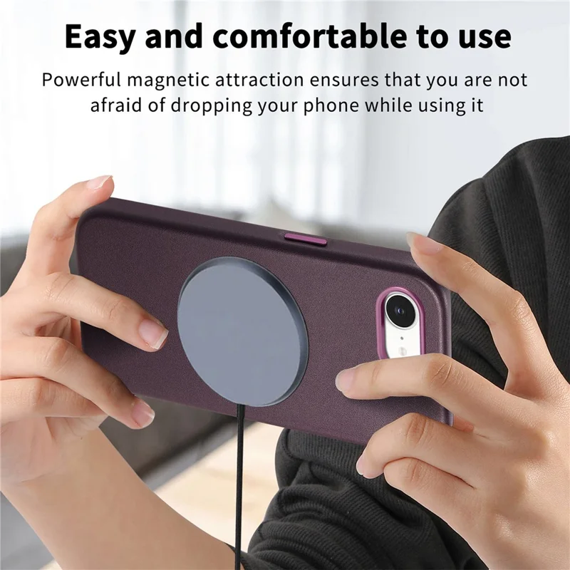 Beskyttelsesdæksel til iPhone 17e / 16e, læder+TPU, stødfast telefondæksel med metalknapper – lilla