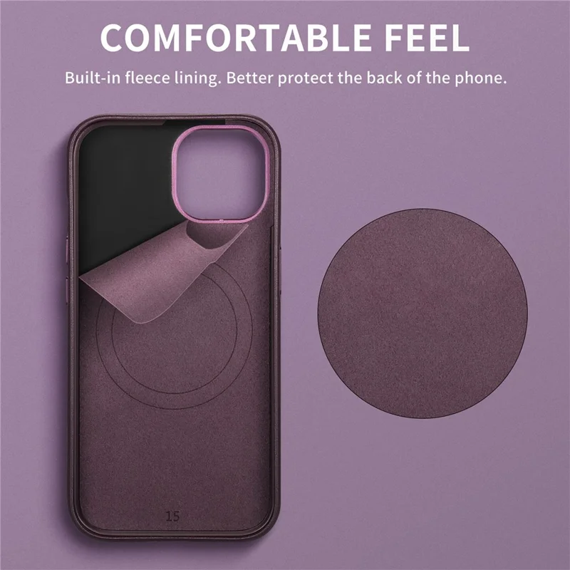 Beskyttelsesdæksel til iPhone 17e / 16e, læder+TPU, stødfast telefondæksel med metalknapper – lilla