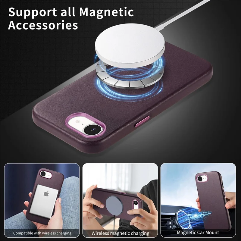 Beskyttelsesdæksel til iPhone 17e / 16e, læder+TPU, stødfast telefondæksel med metalknapper – lilla