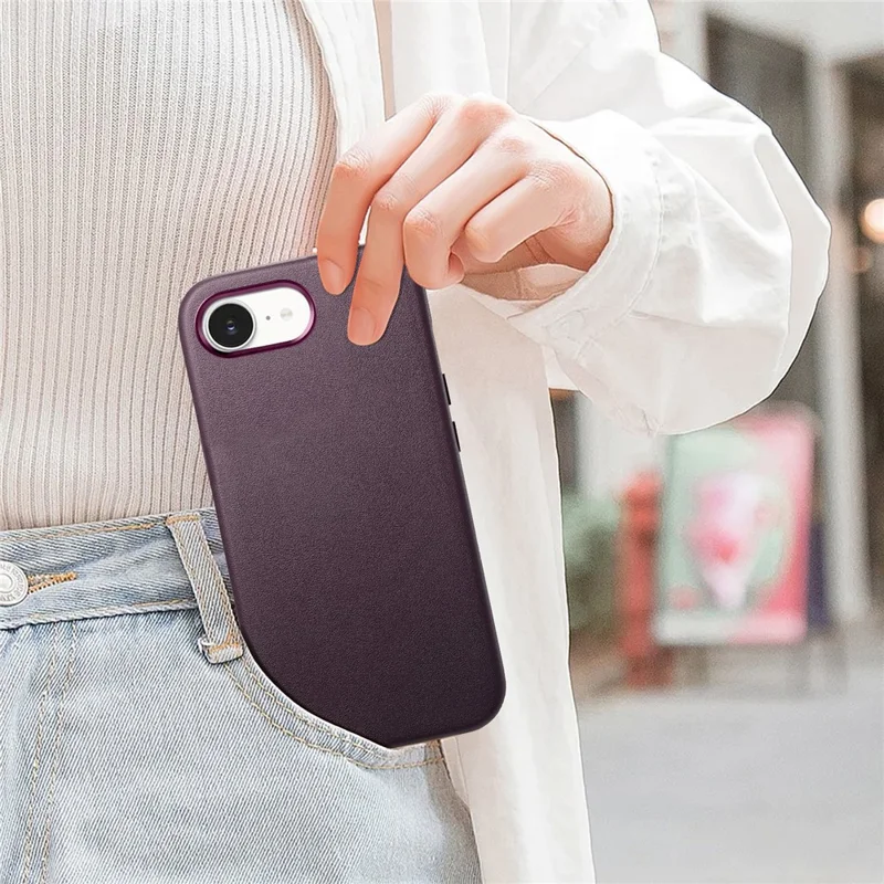 Beskyttelsesdæksel til iPhone 17e / 16e, læder+TPU, stødfast telefondæksel med metalknapper – lilla