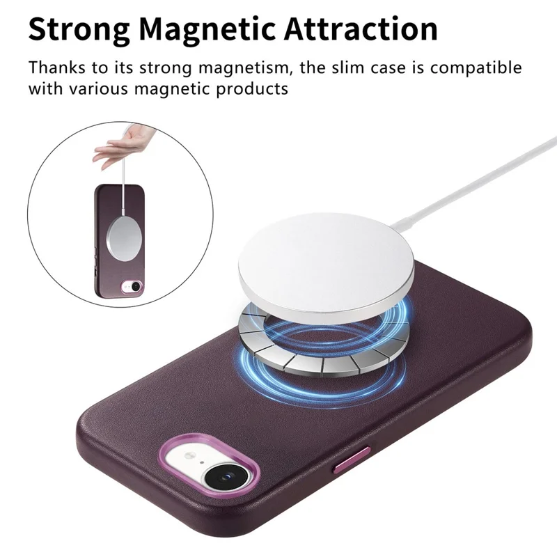 Beskyttelsesdæksel til iPhone 17e / 16e, læder+TPU, stødfast telefondæksel med metalknapper – lilla