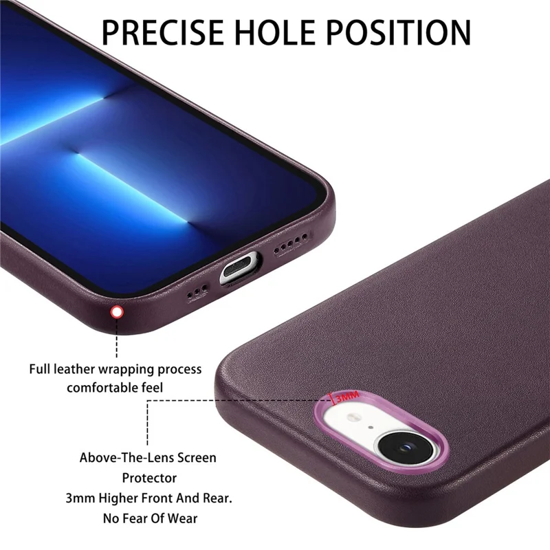 Beskyttelsesdæksel til iPhone 17e / 16e, læder+TPU, stødfast telefondæksel med metalknapper – lilla