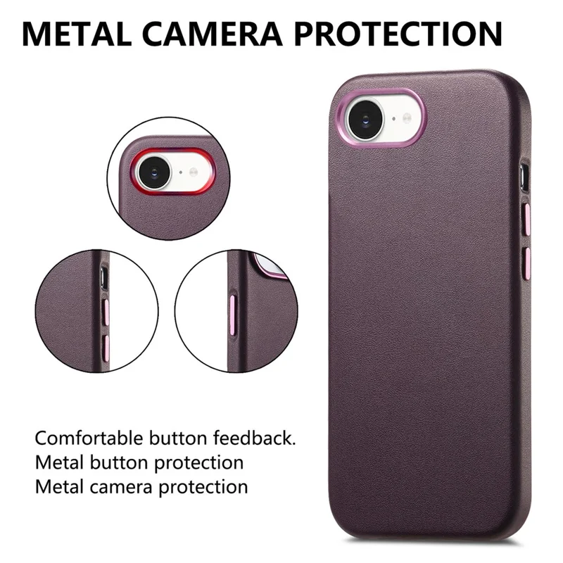 Beskyttelsesdæksel til iPhone 17e / 16e, læder+TPU, stødfast telefondæksel med metalknapper – lilla