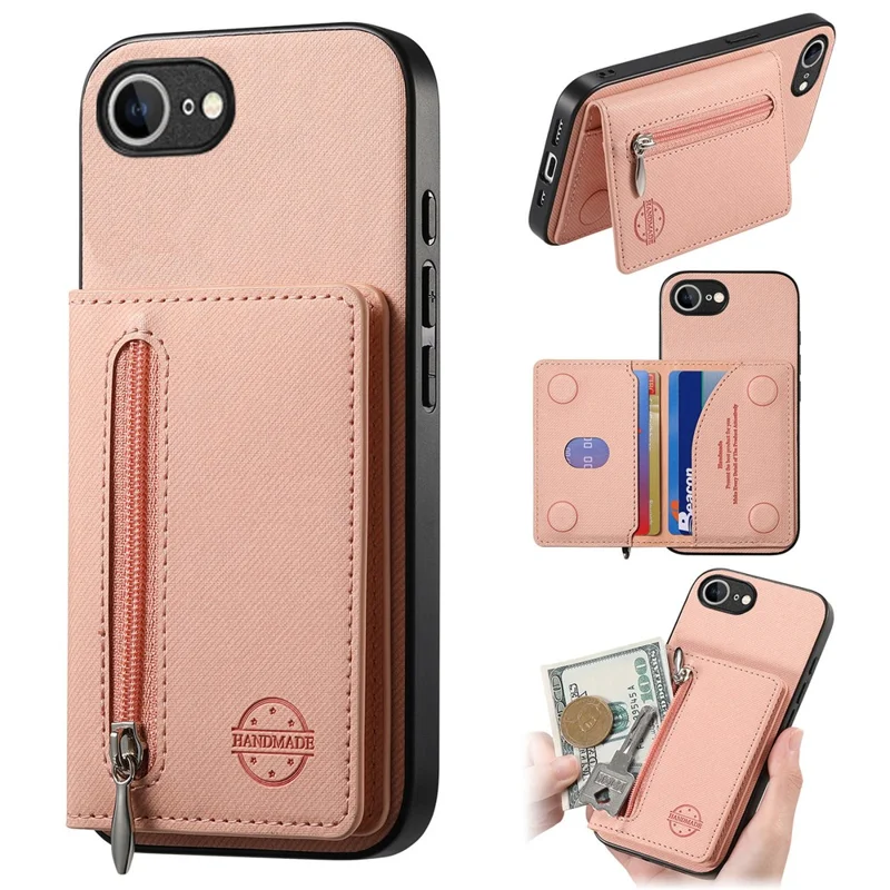 Phone Case For iPhone 17e  /  16e Zipper Card Holder Kickstand Jeans Cloth Texture Leather Back Cover - Pink