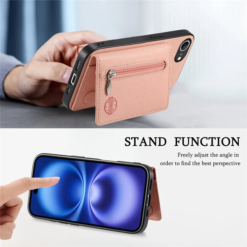 Phone Case For iPhone 17e  /  16e Zipper Card Holder Kickstand Jeans Cloth Texture Leather Back Cover - Pink