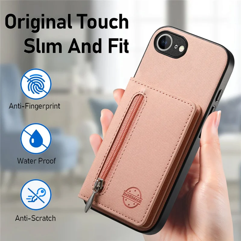 Phone Case For iPhone 17e  /  16e Zipper Card Holder Kickstand Jeans Cloth Texture Leather Back Cover - Pink