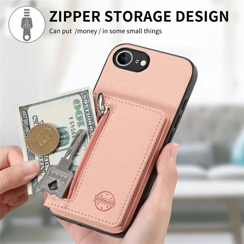 Phone Case For iPhone 17e  /  16e Zipper Card Holder Kickstand Jeans Cloth Texture Leather Back Cover - Pink