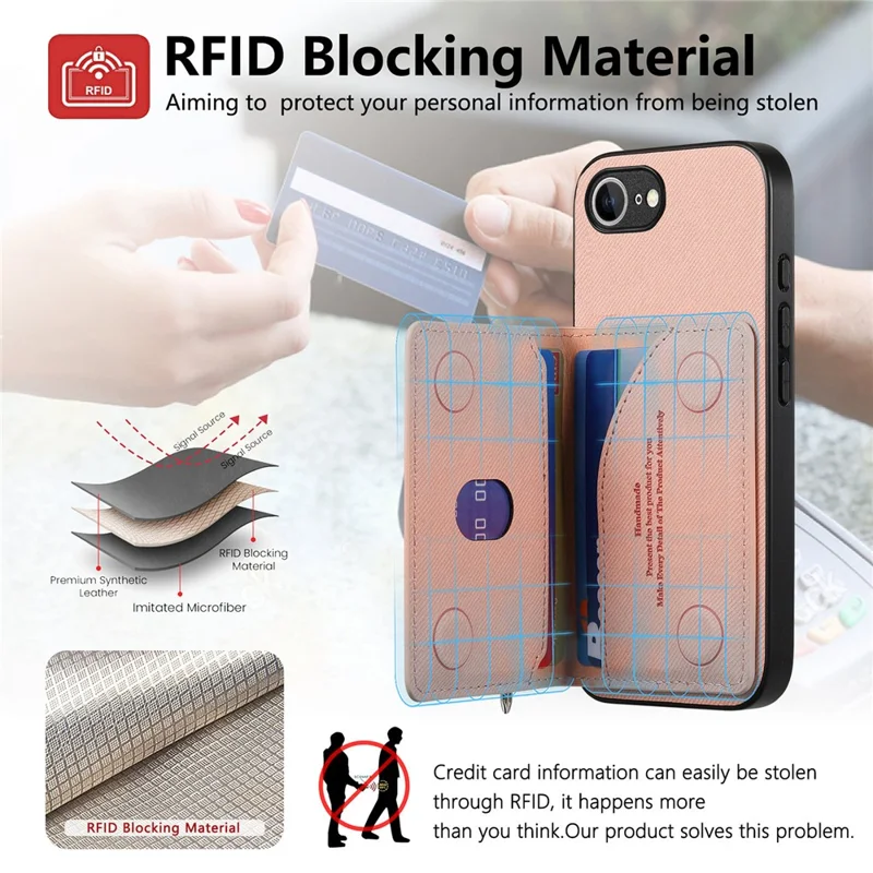 Phone Case For iPhone 17e  /  16e Zipper Card Holder Kickstand Jeans Cloth Texture Leather Back Cover - Pink