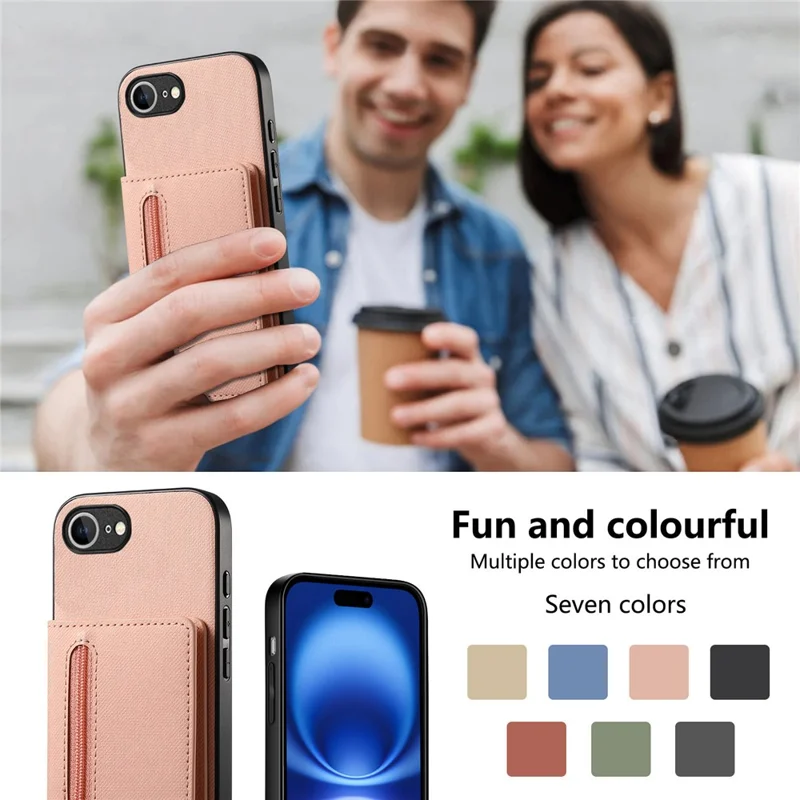 Phone Case For iPhone 17e  /  16e Zipper Card Holder Kickstand Jeans Cloth Texture Leather Back Cover - Pink