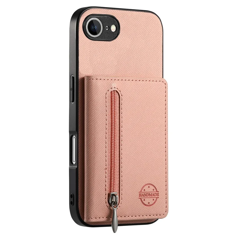 Phone Case For iPhone 17e  /  16e Zipper Card Holder Kickstand Jeans Cloth Texture Leather Back Cover - Pink