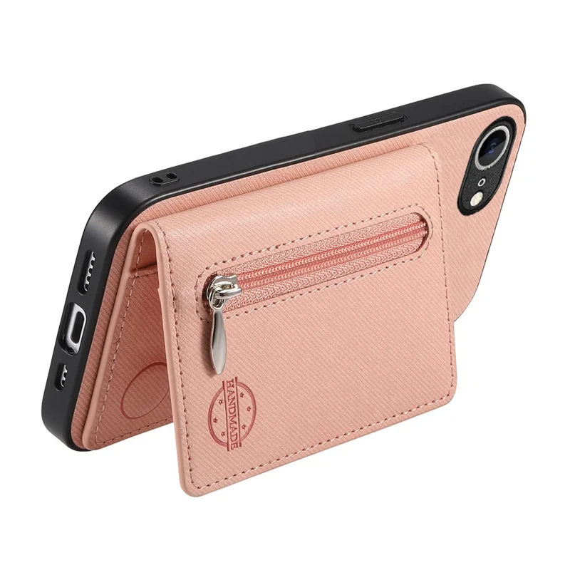 Phone Case For iPhone 17e  /  16e Zipper Card Holder Kickstand Jeans Cloth Texture Leather Back Cover - Pink