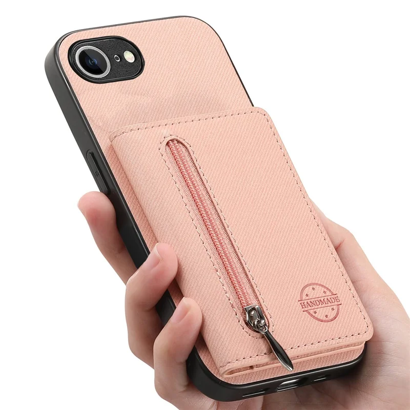 Phone Case For iPhone 17e  /  16e Zipper Card Holder Kickstand Jeans Cloth Texture Leather Back Cover - Pink