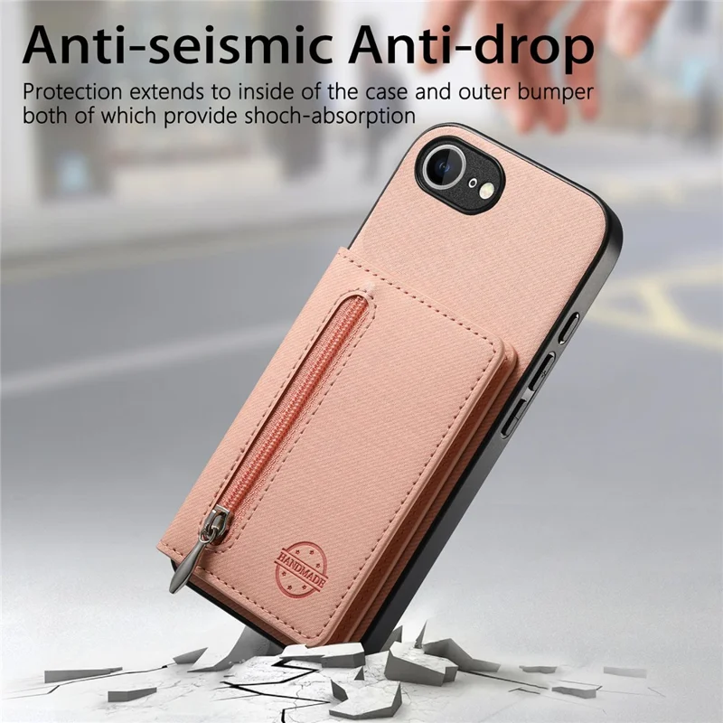 Phone Case For iPhone 17e  /  16e Zipper Card Holder Kickstand Jeans Cloth Texture Leather Back Cover - Pink