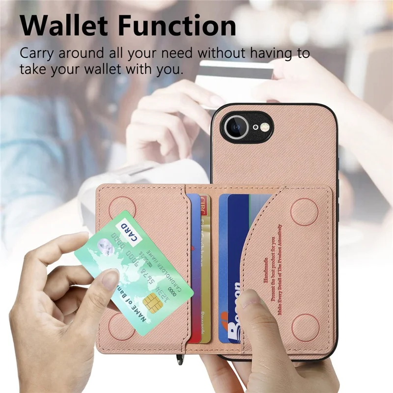Phone Case For iPhone 17e  /  16e Zipper Card Holder Kickstand Jeans Cloth Texture Leather Back Cover - Pink