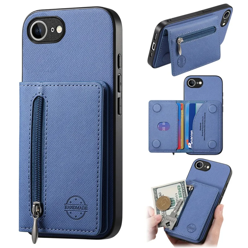 Phone Case For iPhone 17e  /  16e Zipper Card Holder Kickstand Jeans Cloth Texture Leather Back Cover - Blue