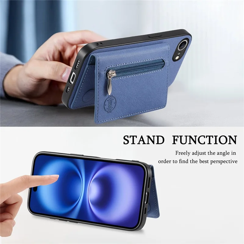 Phone Case For iPhone 17e  /  16e Zipper Card Holder Kickstand Jeans Cloth Texture Leather Back Cover - Blue