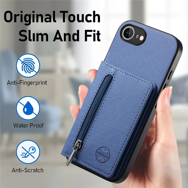 Phone Case For iPhone 17e  /  16e Zipper Card Holder Kickstand Jeans Cloth Texture Leather Back Cover - Blue