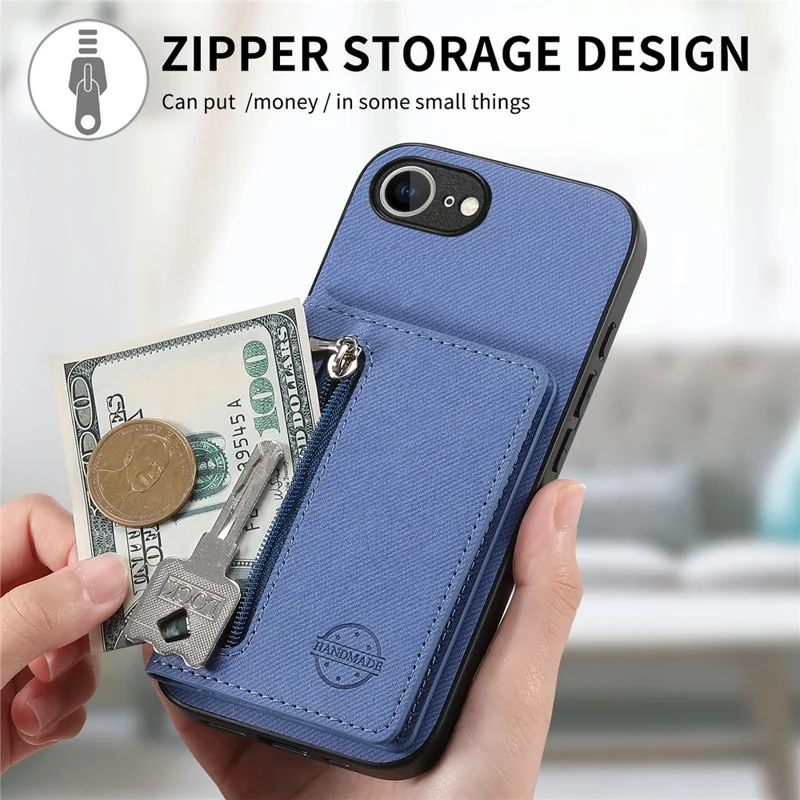 Phone Case For iPhone 17e  /  16e Zipper Card Holder Kickstand Jeans Cloth Texture Leather Back Cover - Blue