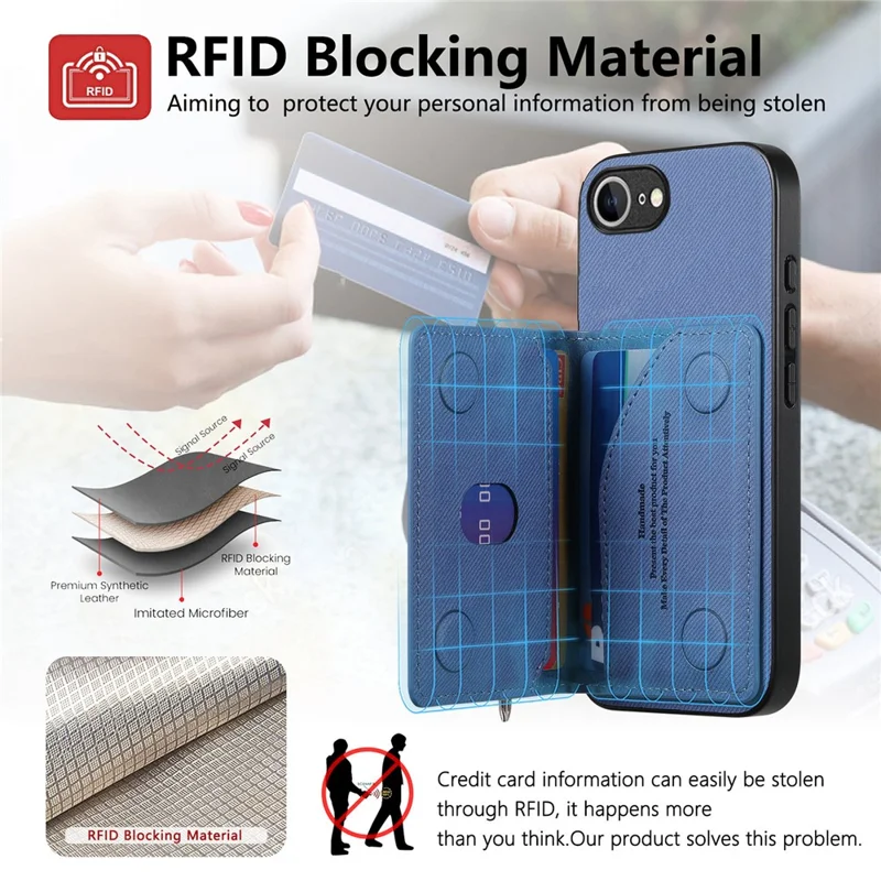 Phone Case For iPhone 17e  /  16e Zipper Card Holder Kickstand Jeans Cloth Texture Leather Back Cover - Blue