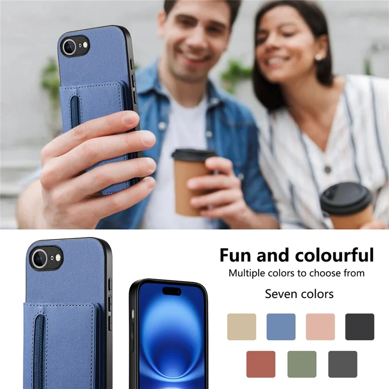 Phone Case For iPhone 17e  /  16e Zipper Card Holder Kickstand Jeans Cloth Texture Leather Back Cover - Blue