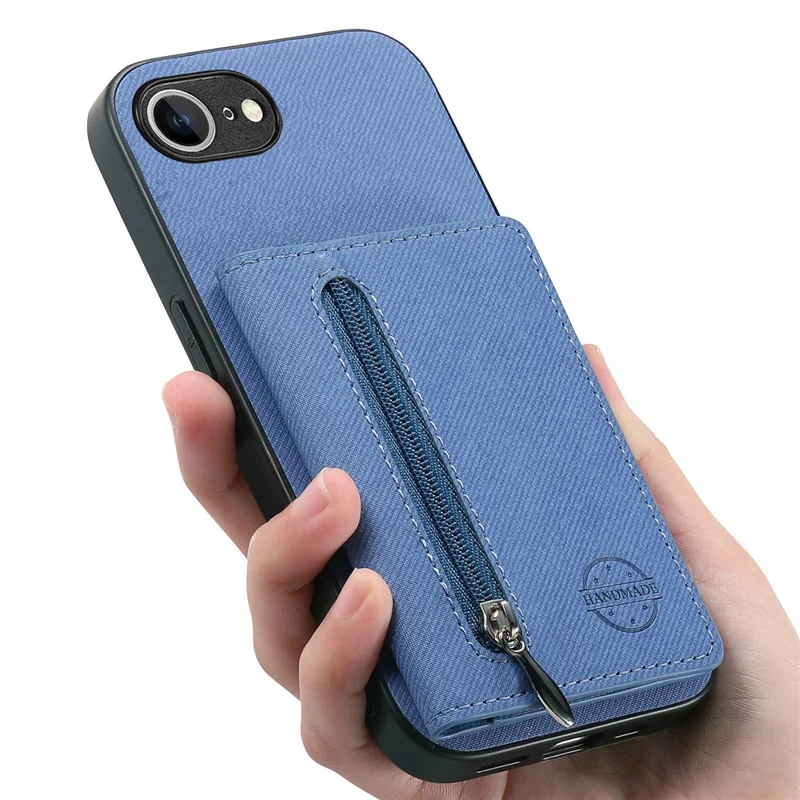 Phone Case For iPhone 17e  /  16e Zipper Card Holder Kickstand Jeans Cloth Texture Leather Back Cover - Blue