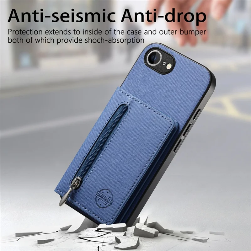 Phone Case For iPhone 17e  /  16e Zipper Card Holder Kickstand Jeans Cloth Texture Leather Back Cover - Blue