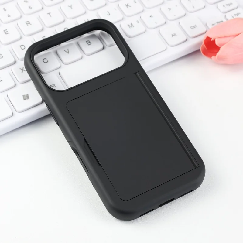 Großhandelskauf für iPhone 17 Pro Max Hülle Flip Kartenhalter Ständer Kontrastfarbe TPU + PC stoßfestes Handycover - Schwarz