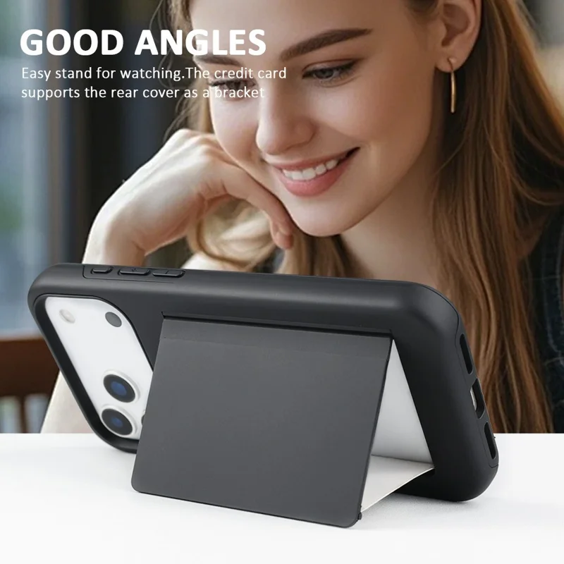 Großhandelskauf für iPhone 17 Pro Max Hülle Flip Kartenhalter Ständer Kontrastfarbe TPU + PC stoßfestes Handycover - Schwarz