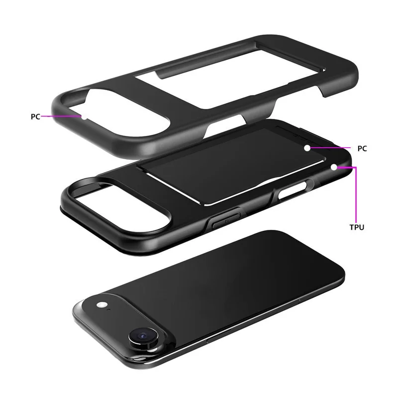 Großhandelskauf für iPhone 17 Pro Max Hülle Flip Kartenhalter Ständer Kontrastfarbe TPU + PC stoßfestes Handycover - Schwarz