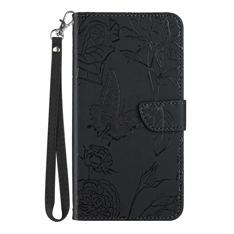 PU Leather Shell for Xiaomi Redmi Note 12 Pro 5G  / Note 12 Pro Speed 5G / Poco X5 Pro 5G , HT03 Imprinted Butterfly Flowers Folio Cover Skin-touch Magnetic Flip Stand Cover with Hand Strap - Black