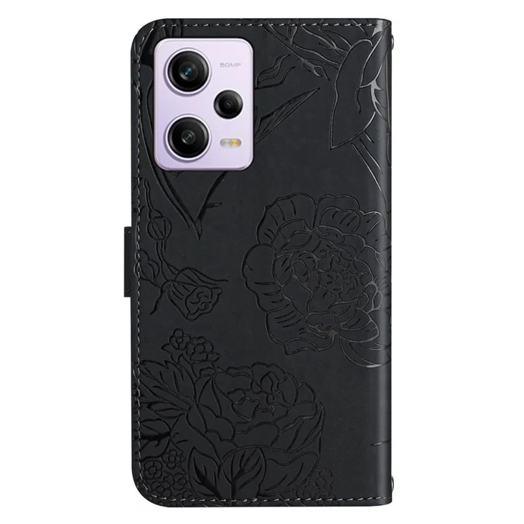 PU Lederschale Für Xiaomi Redmi Note 12 Pro 5g / Hinweis 12 Pro Speed ​​5g / Poco X5 Pro 5g, HT03 Eingeprägte Schmetterlingsblumen Folio Deckhauthaut-touch Magnetic Flip Ständer Mit Handgurt - Schwarz