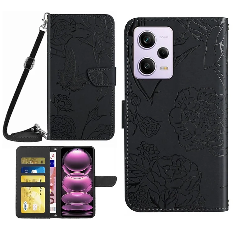 For Xiaomi Redmi Note 12 Pro 5G / Note 12 Pro Speed 5G / Poco X5 Pro 5G HT03 Butterfly Flowers Imprinted Wallet Phone Case Skin-touch PU Leather Stand Magnetic Cover with Shoulder Strap - Black