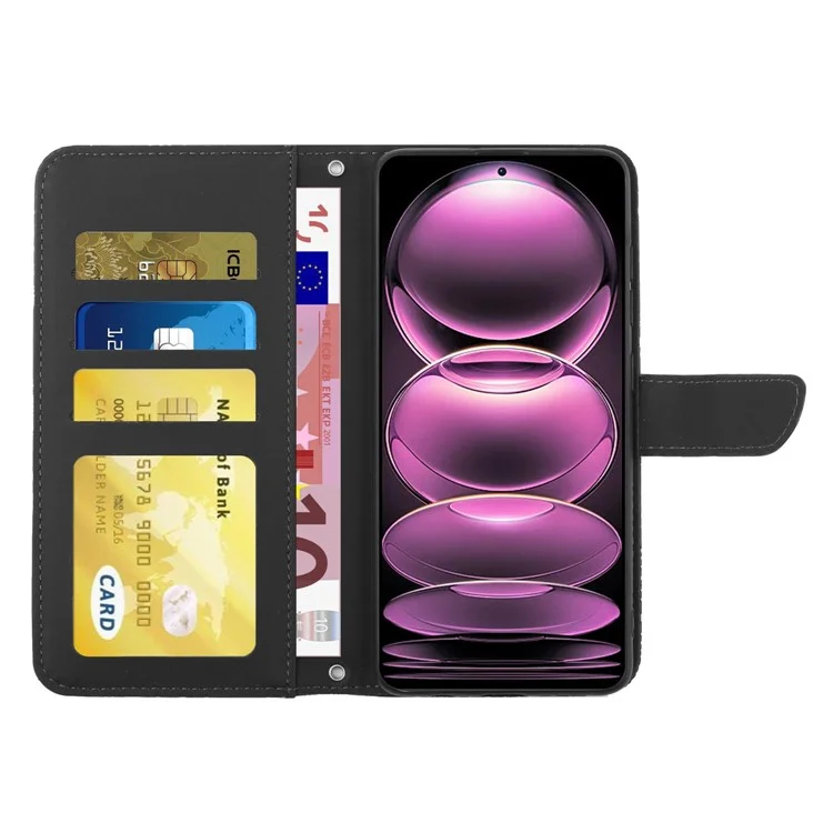 For Xiaomi Redmi Note 12 Pro 5G / Note 12 Pro Speed 5G / Poco X5 Pro 5G HT03 Butterfly Flowers Imprinted Wallet Phone Case Skin-touch PU Leather Stand Magnetic Cover with Shoulder Strap - Black