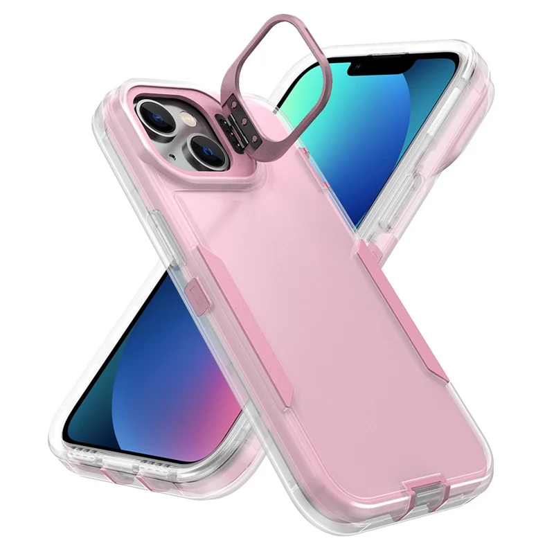 For iPhone 13  /  14 Case TPU + PC Hybrid Phone Cover with Alloy Lens Frame Kickstand - Transparent  /  Pink