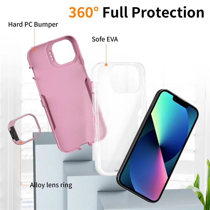 For iPhone 13  /  14 Case TPU + PC Hybrid Phone Cover with Alloy Lens Frame Kickstand - Transparent  /  Pink