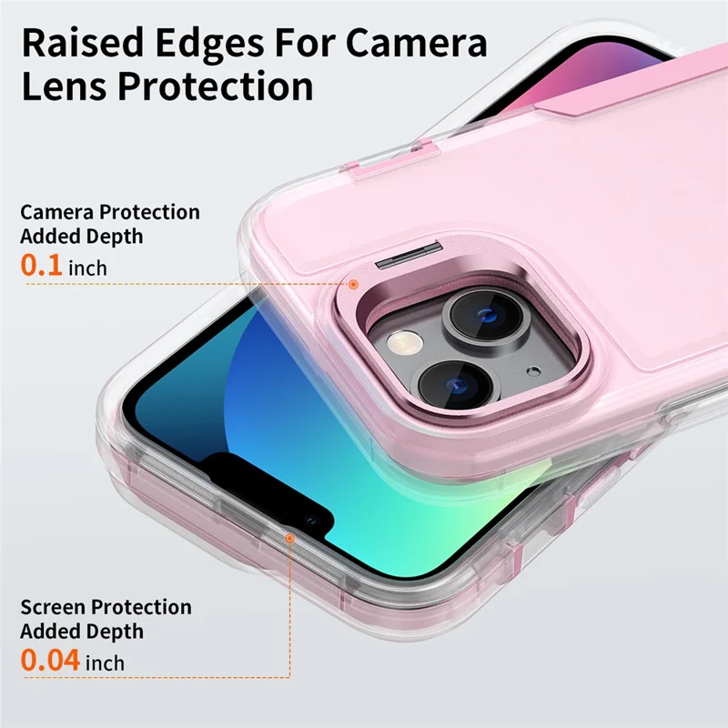 For iPhone 13  /  14 Case TPU + PC Hybrid Phone Cover with Alloy Lens Frame Kickstand - Transparent  /  Pink