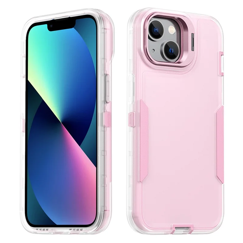 For iPhone 15 Case TPU + PC Hybrid Phone Cover with Alloy Lens Frame Kickstand - Transparent  /  Pink