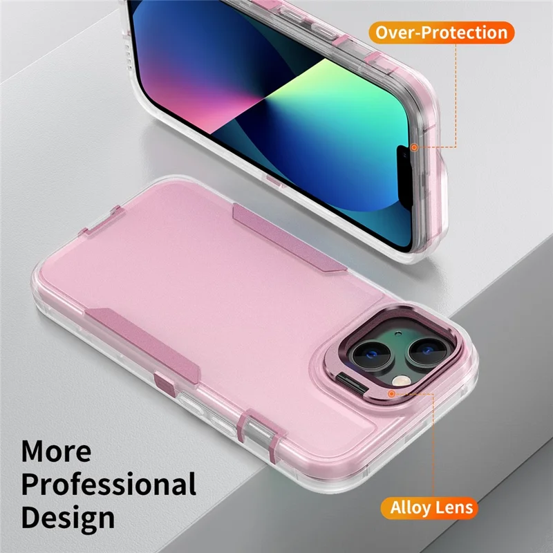 For iPhone 15 Case TPU + PC Hybrid Phone Cover with Alloy Lens Frame Kickstand - Transparent  /  Pink