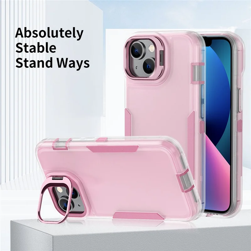 For iPhone 15 Case TPU + PC Hybrid Phone Cover with Alloy Lens Frame Kickstand - Transparent  /  Pink