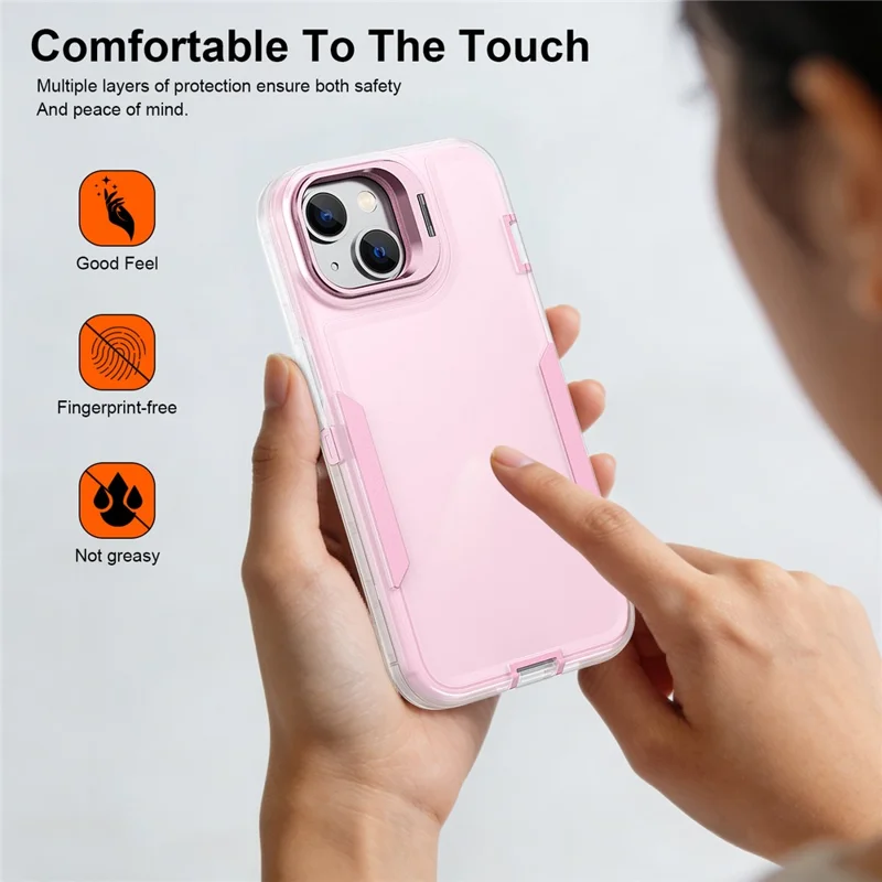 For iPhone 15 Case TPU + PC Hybrid Phone Cover with Alloy Lens Frame Kickstand - Transparent  /  Pink