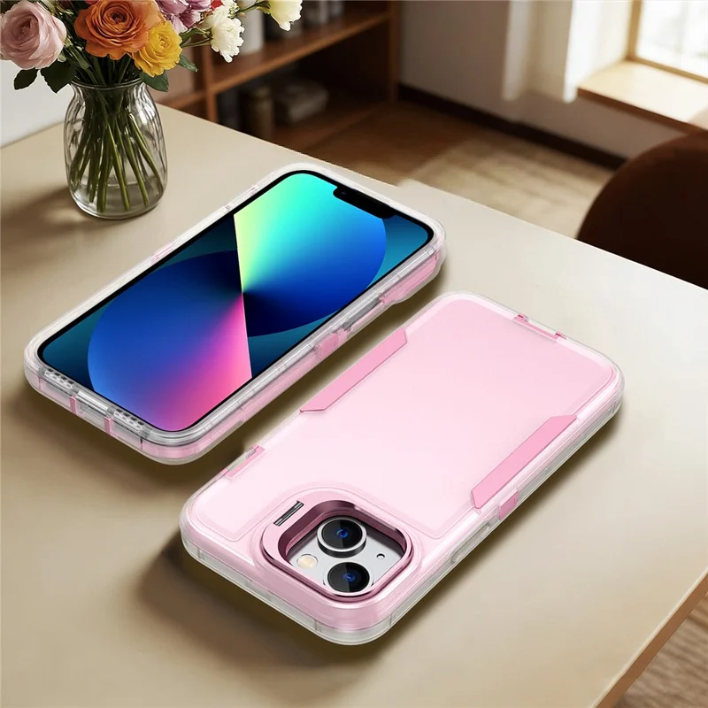 For iPhone 15 Case TPU + PC Hybrid Phone Cover with Alloy Lens Frame Kickstand - Transparent  /  Pink