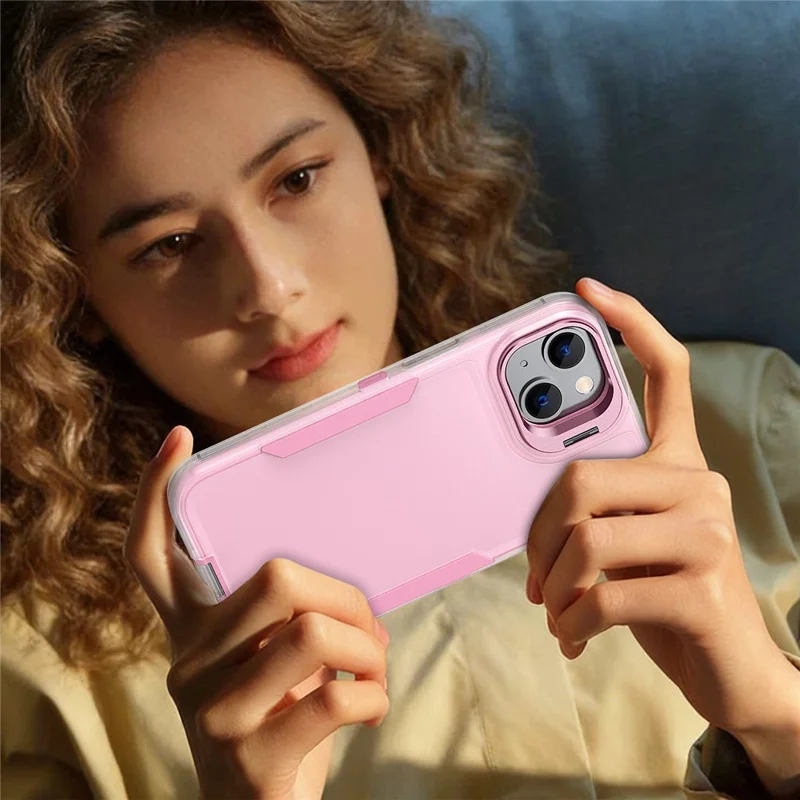 For iPhone 15 Case TPU + PC Hybrid Phone Cover with Alloy Lens Frame Kickstand - Transparent  /  Pink