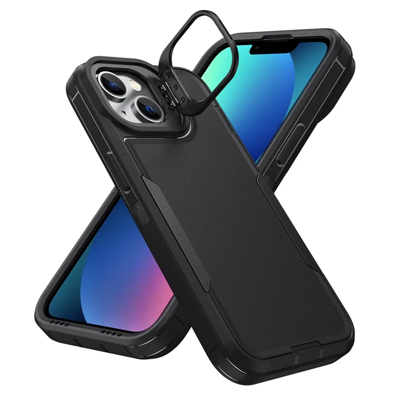 For iPhone 15 Case TPU + PC Hybrid Phone Cover with Alloy Lens Frame Kickstand - Black  /  Black