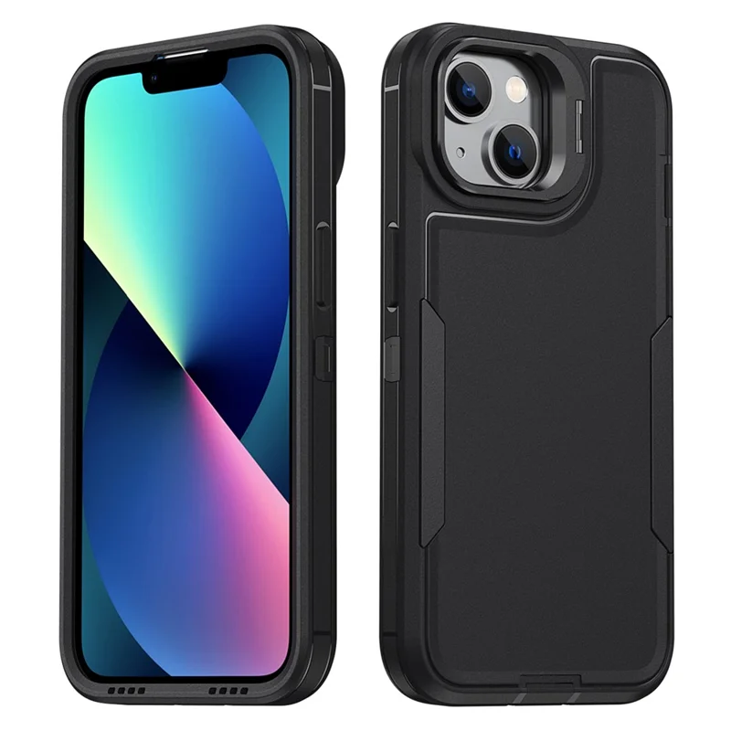 For iPhone 15 Case TPU + PC Hybrid Phone Cover with Alloy Lens Frame Kickstand - Black  /  Black