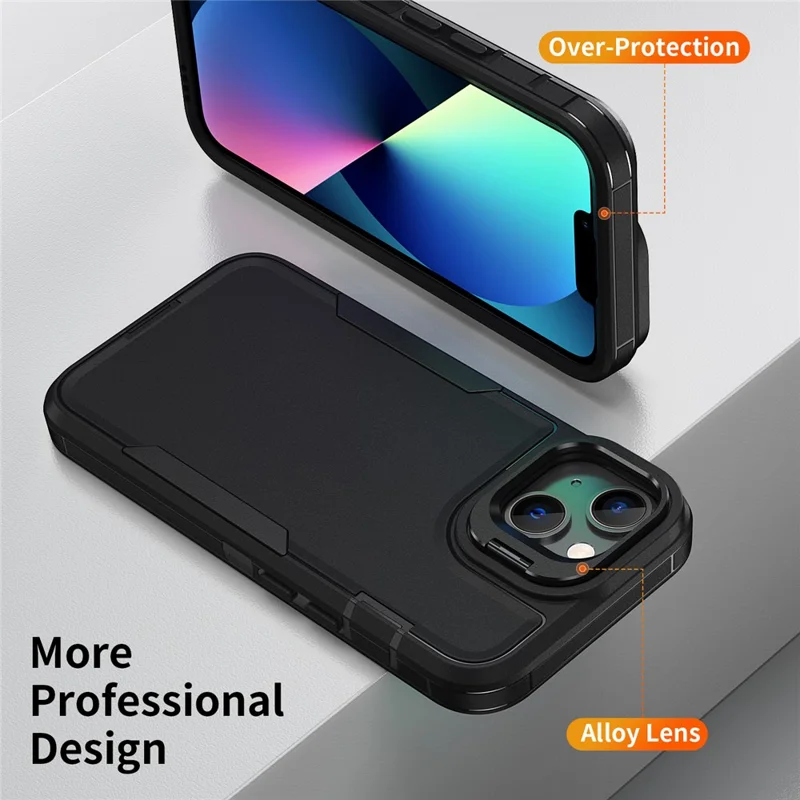 For iPhone 15 Case TPU + PC Hybrid Phone Cover with Alloy Lens Frame Kickstand - Black  /  Black